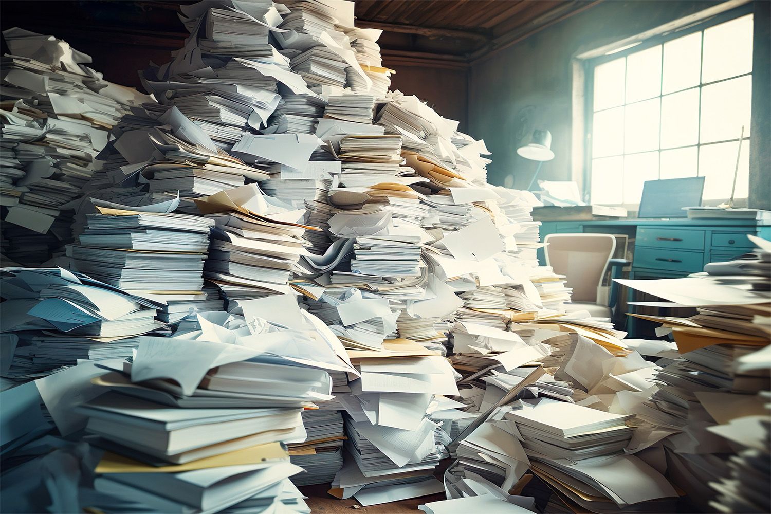 写真：天井まで積み上がってオフィスを埋め尽くす書類の山
