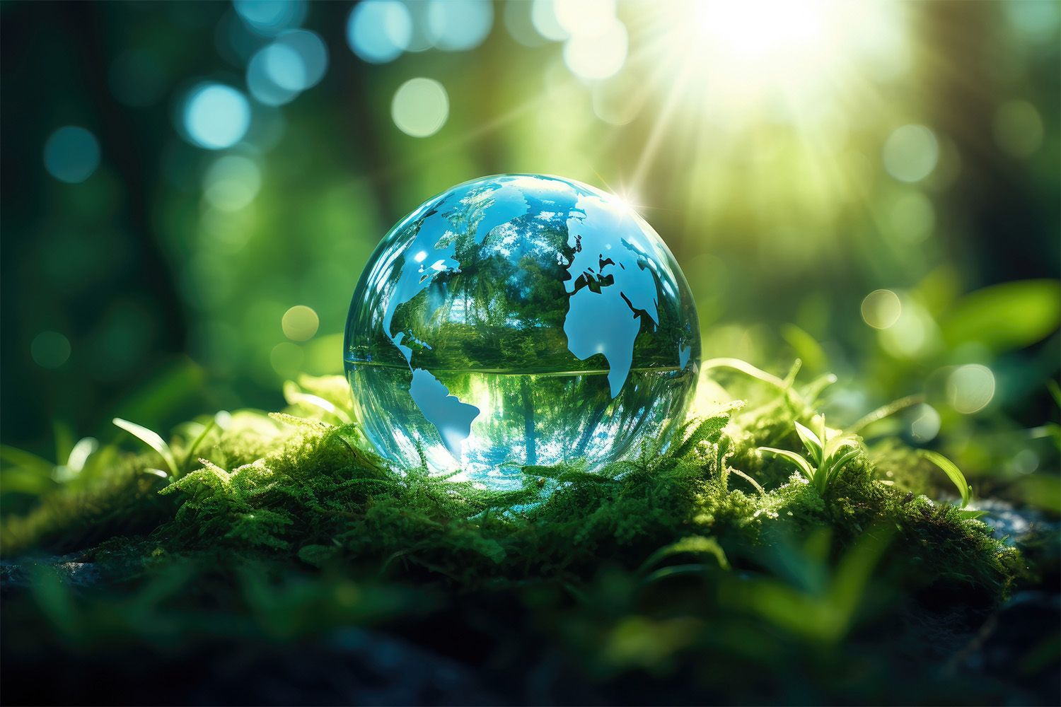写真：ガラスでできた地球儀が緑美しい草の上に置かれ、太陽の光をたたえている