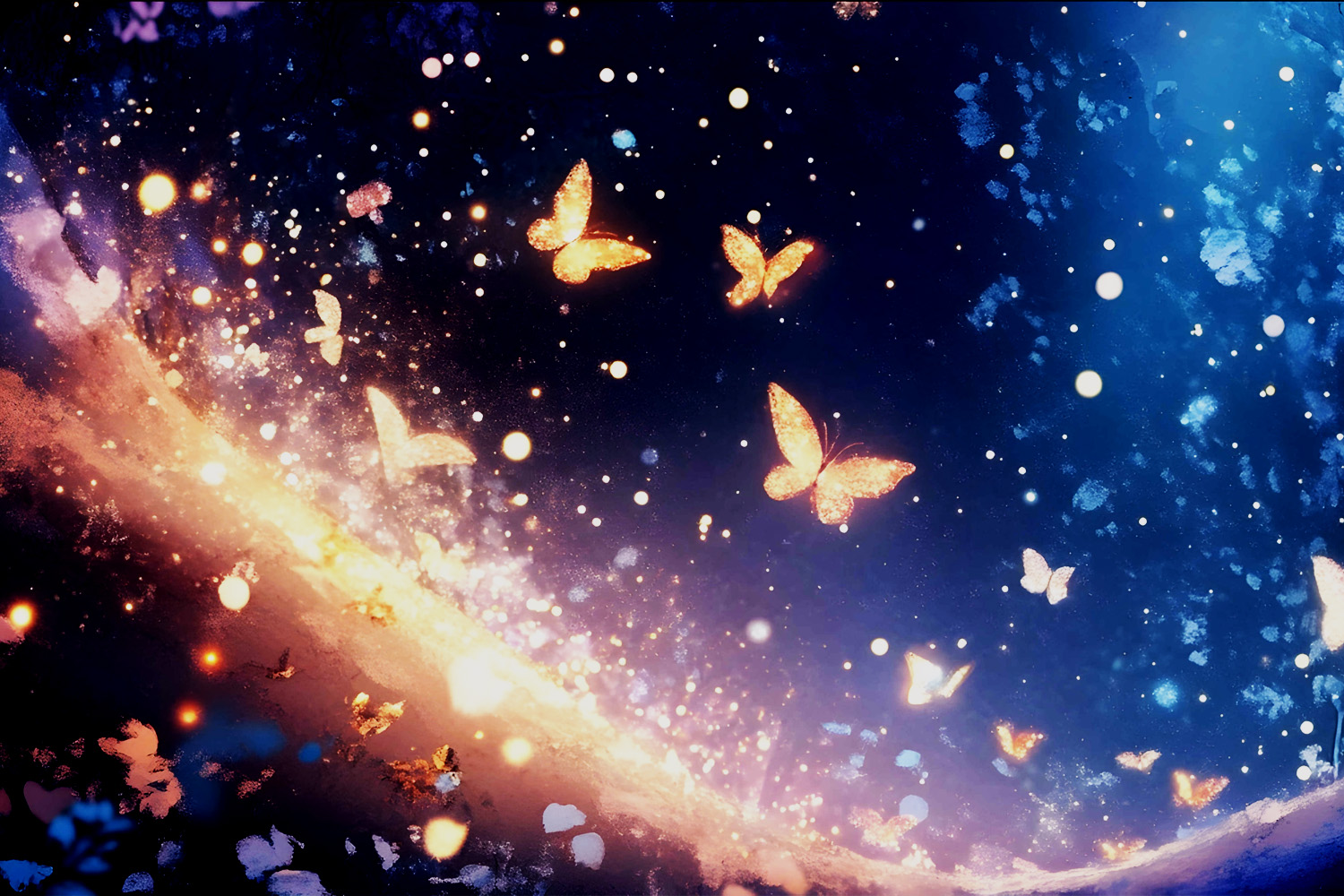 闇の中に舞う光の蝶の群れ